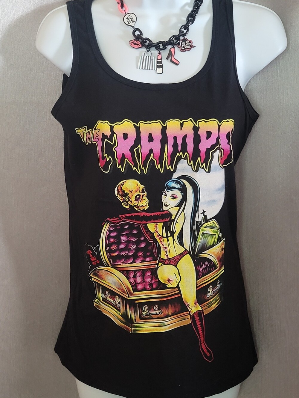 The Cramps Graphic Black Women's Tank Top - Pink & Yellow Horror Art